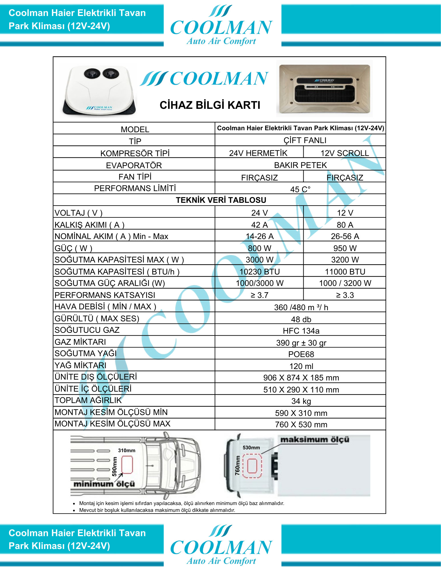 Coolman Haier Elektrikli Tavan Park Kliması (12V-24V) Coolman Haier Elektrikli Tavan Park Kliması (12V-24V)
